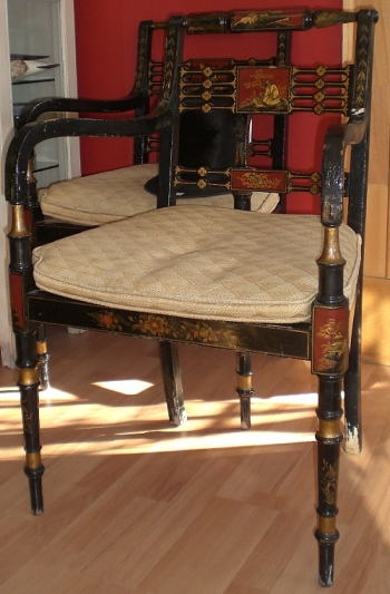 Pair of Chinoiserie Lacquer Decorated Armchairs